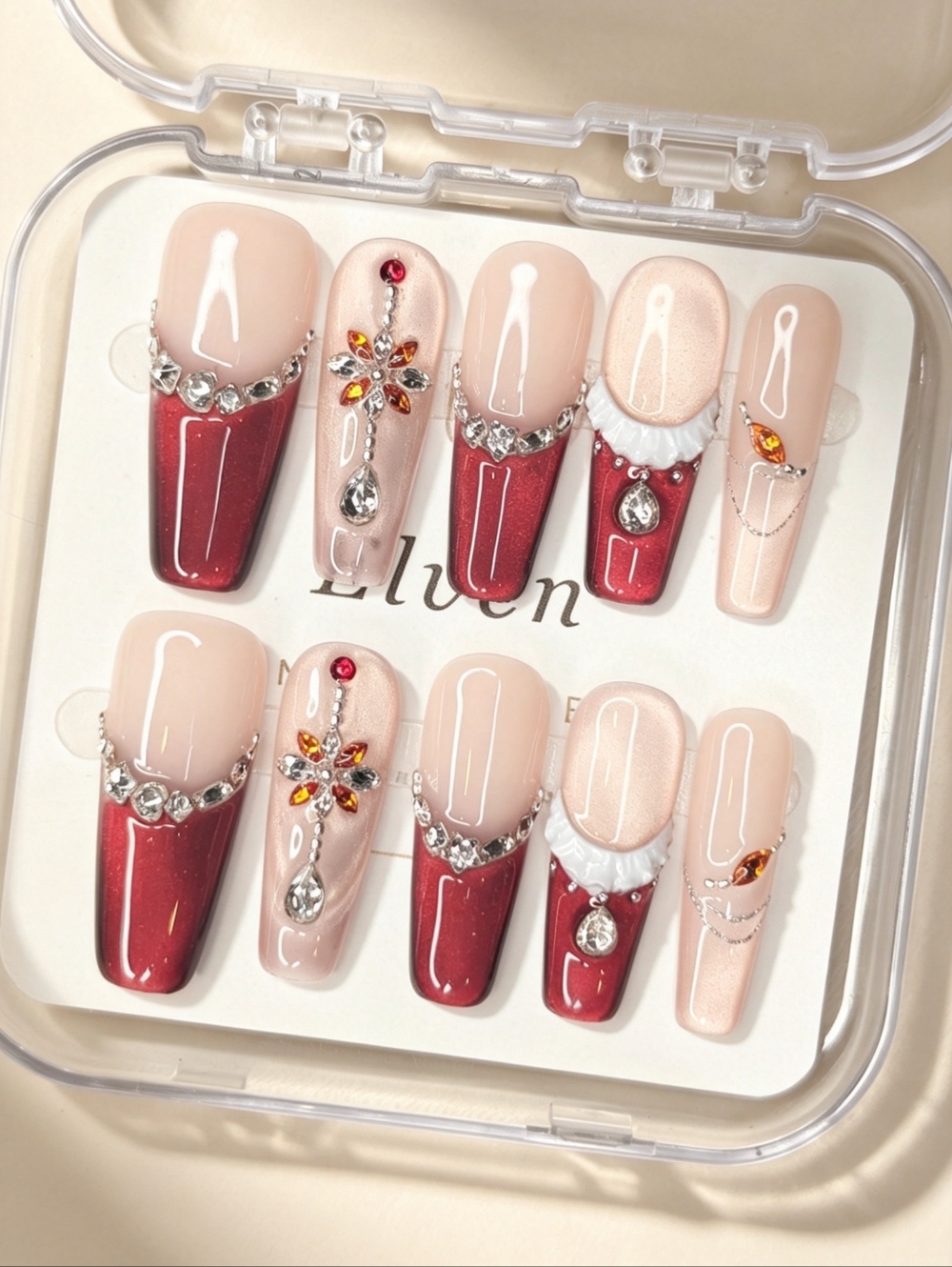Elegant Red and Nude Cat Eye Handmade Press On Nails Long Coffin